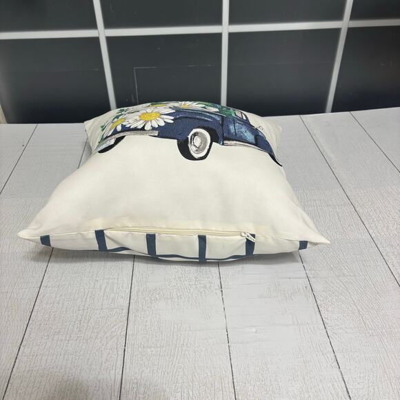White Pillow with Blue Vintage Truck and Daisies - Picture 4 of 12